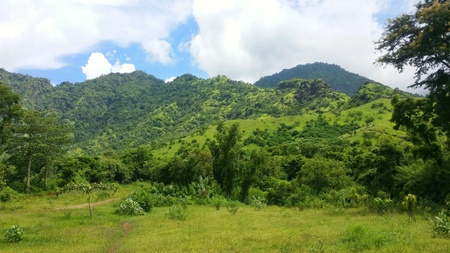 Beautiful Blue Sky with Cloudy and Green Landscape Mountain and valleyの写真素材