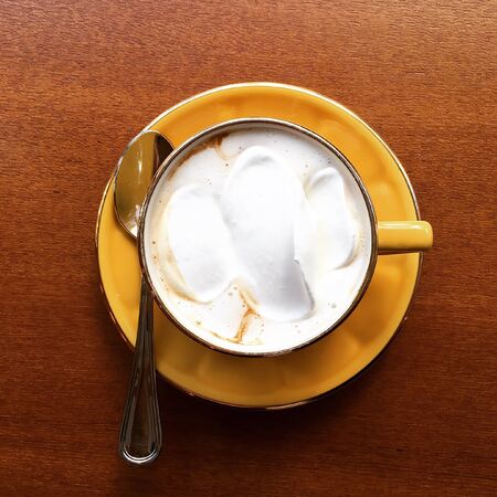 milk coffee with ice cream on top in a chocolate cupの写真素材