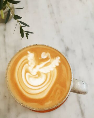 milk coffee with a unique form of milk in a cupの写真素材