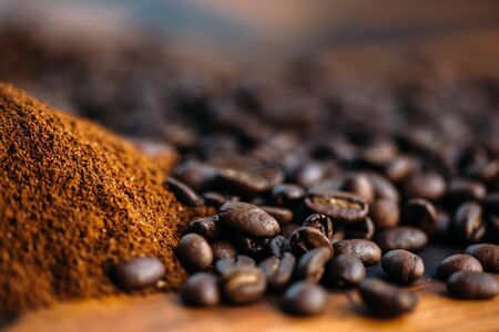 coffee beans with cocoa powder with motion blurの写真素材