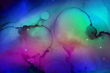 background of abstract galaxies with stars and planets with colorful fluid motifs of universe night...