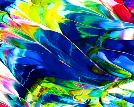 Background design of painted acrylic oil paint fluid liquid color dark blue and light green with creativity and Modern artworkの写真素材