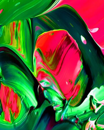 Background design of painted acrylic oil paint fluid liquid color green and pink with creativity and Modern artworkの写真素材