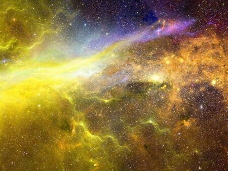 Infinite beautiful cosmos dark blue and yellow background with nebula, cluster of stars in outer...