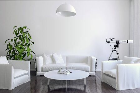 light white wall chair stylish and bright retro interior with design chair and standing next to a small table with a book and a plant on it in a day room interiorの写真素材