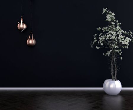black and blue wall chair stylish and bright retro interior with design chair and standing next to a small table with a book and a plant on it in a day room interiorの写真素材