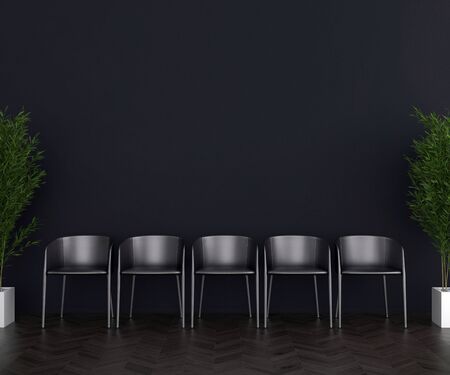 black and blue wall chair stylish and bright retro interior with design chair and standing next to a small table with a book and a plant on it in a day room interiorの写真素材