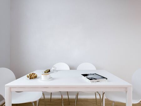 light white wall chair stylish and bright retro interior with design chair and standing next to a small table with a book and a plant on it in a day room interiorの写真素材