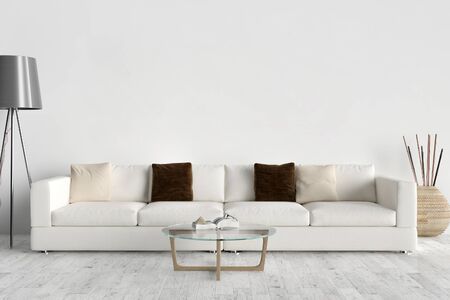 wall bed and chair modern mid century bedside table and white bed on white wall backgroundの写真素材