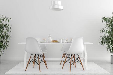 wall bed and chair modern mid century bedside table and white bed on white wall backgroundの写真素材