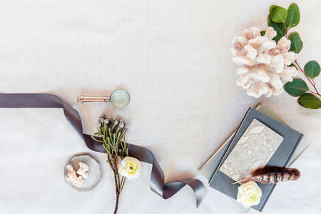 many note and stationary in white background white pastel desk christmas composition and Female home office desk and Fashion blog hero header backgroundの写真素材