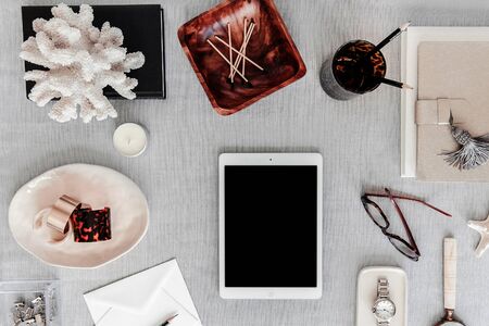 many note and stationary in white background white pastel desk christmas composition and Female home office desk and Fashion blog hero header backgroundの写真素材