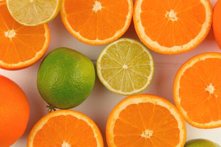 orange fresh fruit in row isolated assortment clipping pat on white backgroundの写真素材