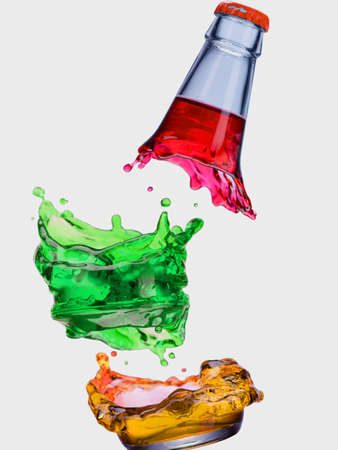 colored water transparent bottle glass splash abstract with bubbles on white background.の写真素材