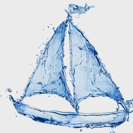 blue water transparent bottle glass splash abstract with bubbles on white background.の写真素材