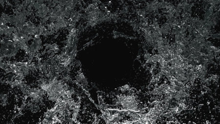 rainy abstract transparent water splash overlay explosion crown shape on black background.