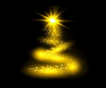 light gold christmas tree lights with snowflakes and yellow stars overlay pattern on black background.の写真素材