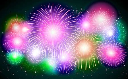 beautiful colorful blue and green shiny fireworks explosions lighting sky and abstract colorful glitter with star on background.の写真素材