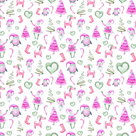 abstract simple pink christmas pattern with snowflakes and green tree and star ornaments on white background.の写真素材