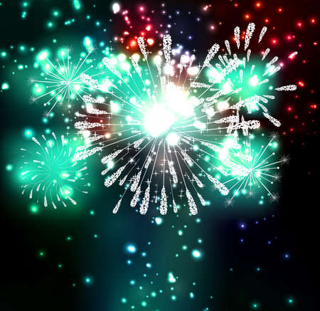 beautiful colorful blue and green shiny fireworks explosions lighting sky and abstract colorful glitter with star on background.の写真素材