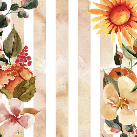 orange circle fall texture paper watercolor with orange and green leaf pattern on white background.の写真素材