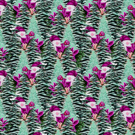 abstract simple pink christmas pattern with snowflakes and green tree ornaments on white background.の写真素材