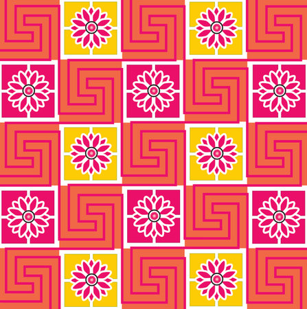 abstract red and yellow ancient egypt ornament tribal grunge pattern with colorful square culture on background.の写真素材