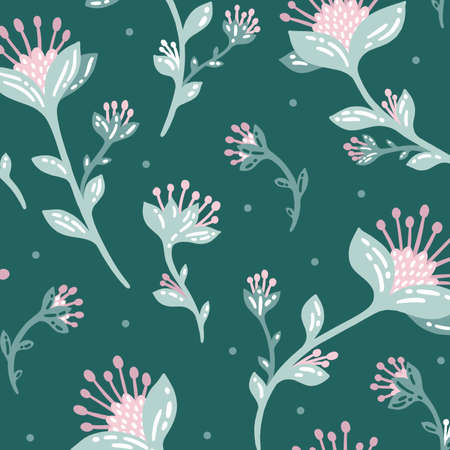 abstract green and pink leaf pattern in spring and colorful floral with dark wood on dark green background.の写真素材