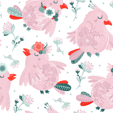 abstract lite pink bird pattern in spring and colorful green floral with dark wood on white background.の写真素材