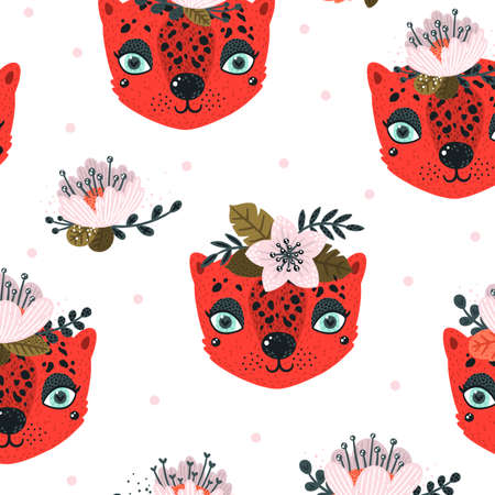 abstract light red tiger wild animal cute pattern floral and green leaf on white background.の写真素材