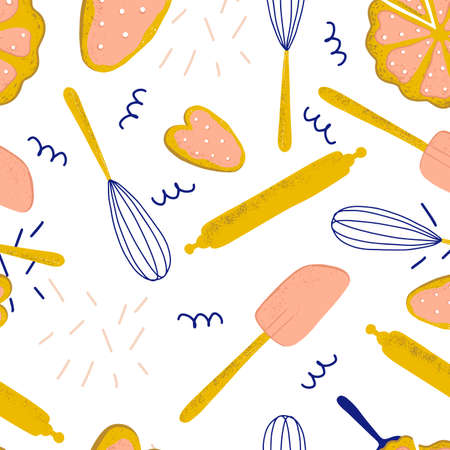 abstract baking kitchen pattern icons grunge elements with linear style on white background.の写真素材