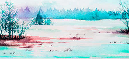 sky blue wonderful winter snow mountain pastel color with natural frozen red tree on background.の写真素材