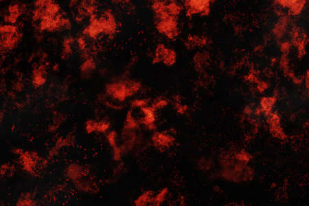 realistic dark red fire particle burn effect sparkles pattern with smoke fog misty texture overlay on dark black background.の写真素材