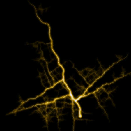 abstract gold yellow lighting natural thunder realistic magic overlay bright glowing effect on black background.の写真素材