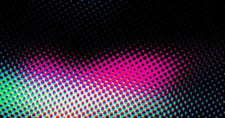 abstract light pink and blue dots grid halftone wave futuristic twisted pattern with circle minimalism geometry texture on black background.の写真素材