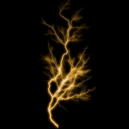 abstract gold yellow lighting natural thunder realistic magic overlay bright glowing effect on black background.の写真素材