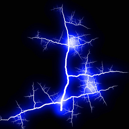 abstract dark blue lighting natural thunder realistic magic overlay bright glowing effect on black background.の写真素材