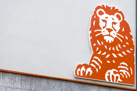 Signboard with logo of ING bank in Antwerpのeditorial素材