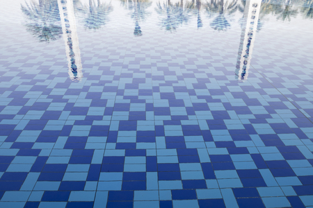 Reflections of palm trees in the water that surrounds the Sheikh Zayed Grand Mosque in Abu Dhabi