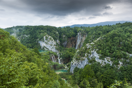 Landscape image of the large big waterfall at Plitvice from a heightの写真素材