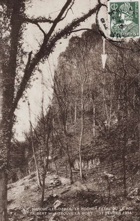 Rare postcard reveiling the exact location where King Albert I died in a mountaineering accident in eastern Belgium on 17 February 1934, Marche-les-Dammes, Belgiumのeditorial素材