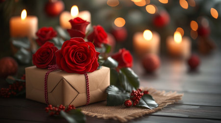 Beautiful red roses and gift box on wooden table, closeupの素材
