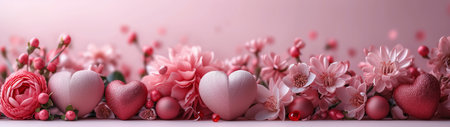 Valentine's Day background with pink hearts, flowers and copy spaceの素材