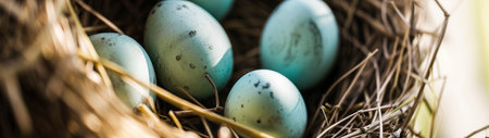 Easter eggs in nest. Selective focus. Holiday concept.の素材