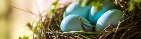 Easter eggs in a nest on a background of green grass.の素材