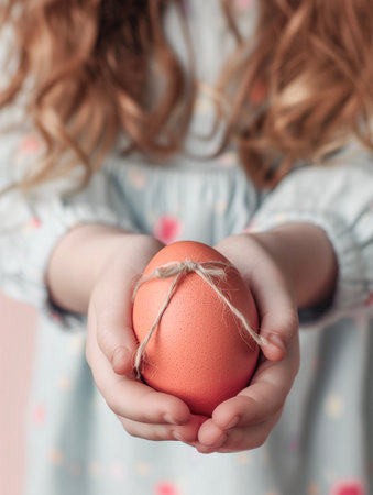 Easter egg in the hands of a little girl on a pink background.の素材