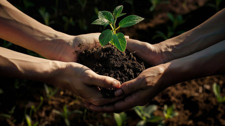 Hands holding green seedling in soil on blurred background, closeupの素材