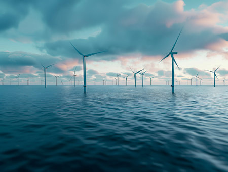 An image of wind turbines in the sea. 3D render.の素材