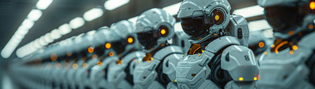 3d rendering humanoid robot standing in a row of cyborgsの素材