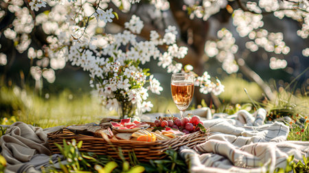Picnic in the garden on a sunny summer day with a glass of rose wineの素材
